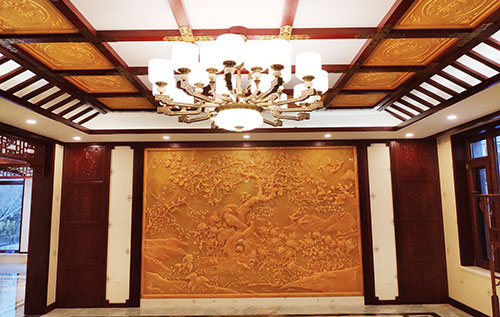 宏伟中式别墅客厅中式木作横梁吊顶装饰展示